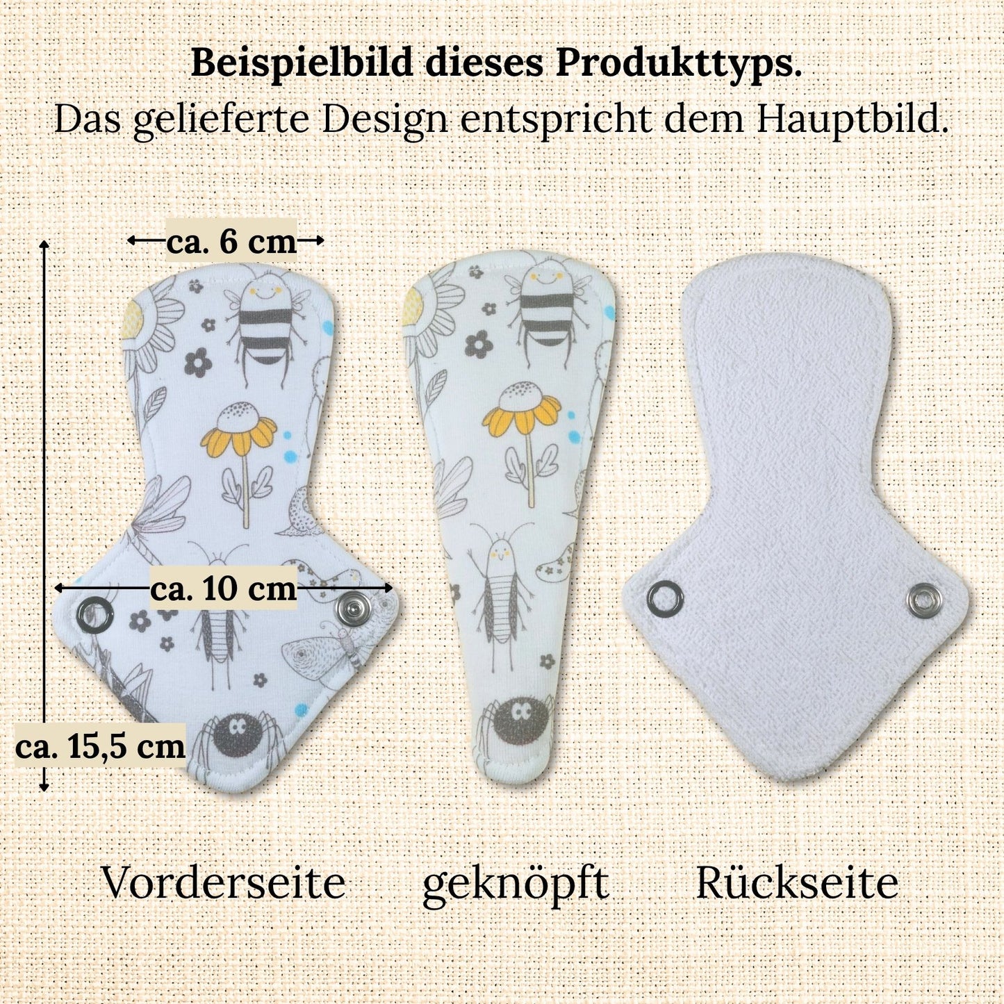 Beispielbild einer Slipeinlage für Strings mit Flügeln – Vorderseite, geknöpft und Rückseite im Design mit Bienen und Blumen. Maße: ca. 15,5 × 10 cm, Schrittbreite ca. 6 cm.