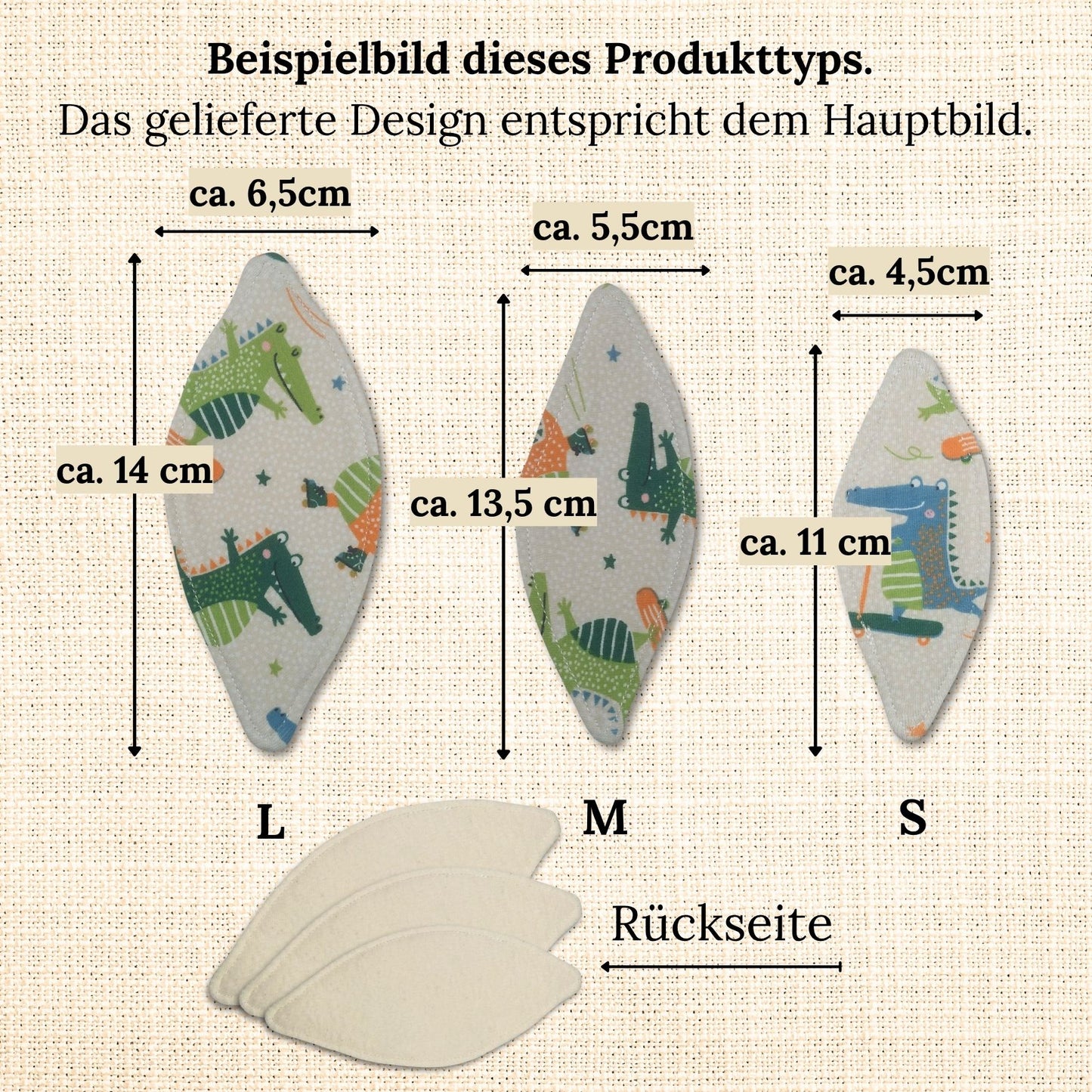 Beispielbild von Interlabial Pads in den Größen L, M und S mit Maßangaben: ca. 14 cm × 6,5 cm, 13,5 cm × 5,5 cm und 11 cm × 4,5 cm. Vorderseite mit buntem Motiv, Rückseite aus naturfarbenem Molton.