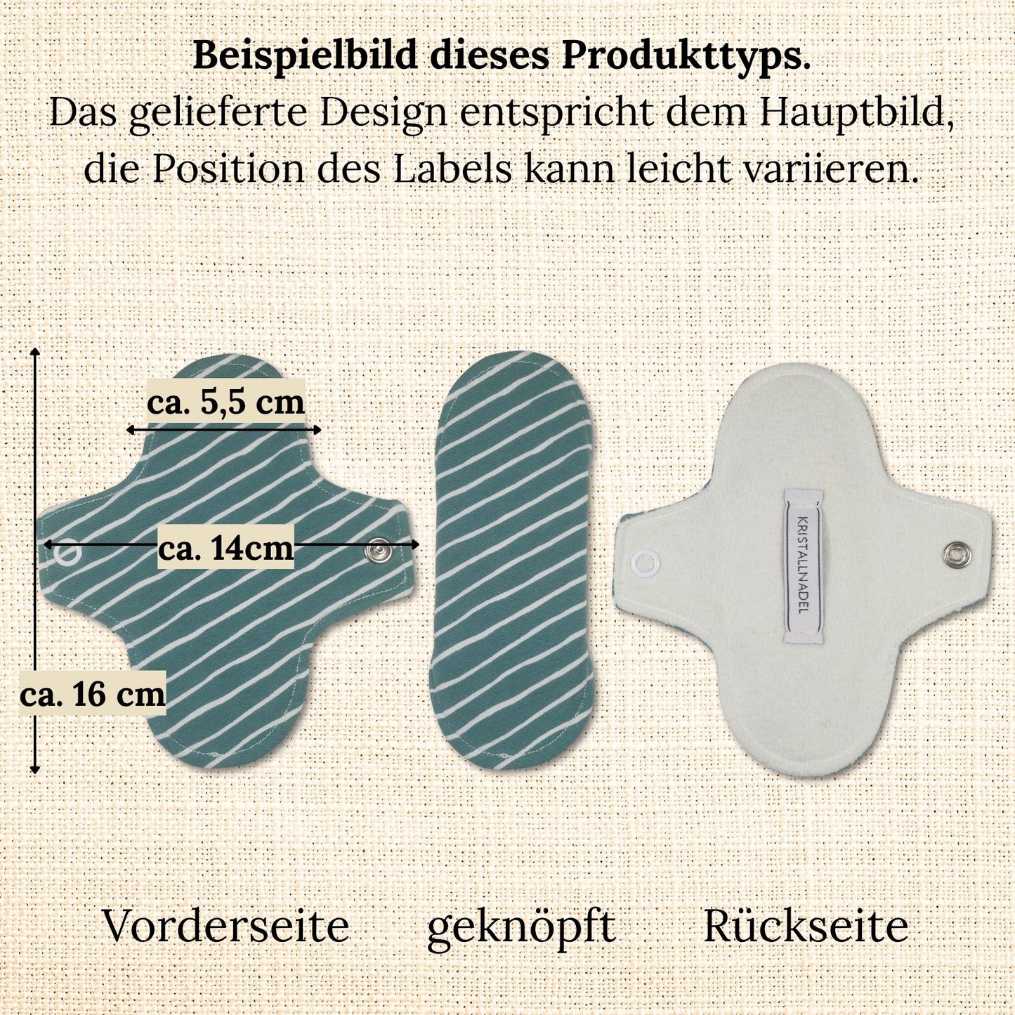 Beispielbild einer Slipeinlage mit Flügeln mit Maßangaben: ca. 16 cm lang, 14 cm breit im geöffneten Zustand. Vorderseite Motiv Jersey, Rückseite aus naturfarbenem Bio-Molton mit Kristallnadel-Label.