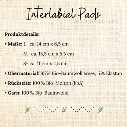 Grafische Übersicht der Produktdetails von Interlabial Pads in drei Größen – gefertigt aus Bio-Baumwolljersey, Bio-Molton und Bio-Baumwollgarn.