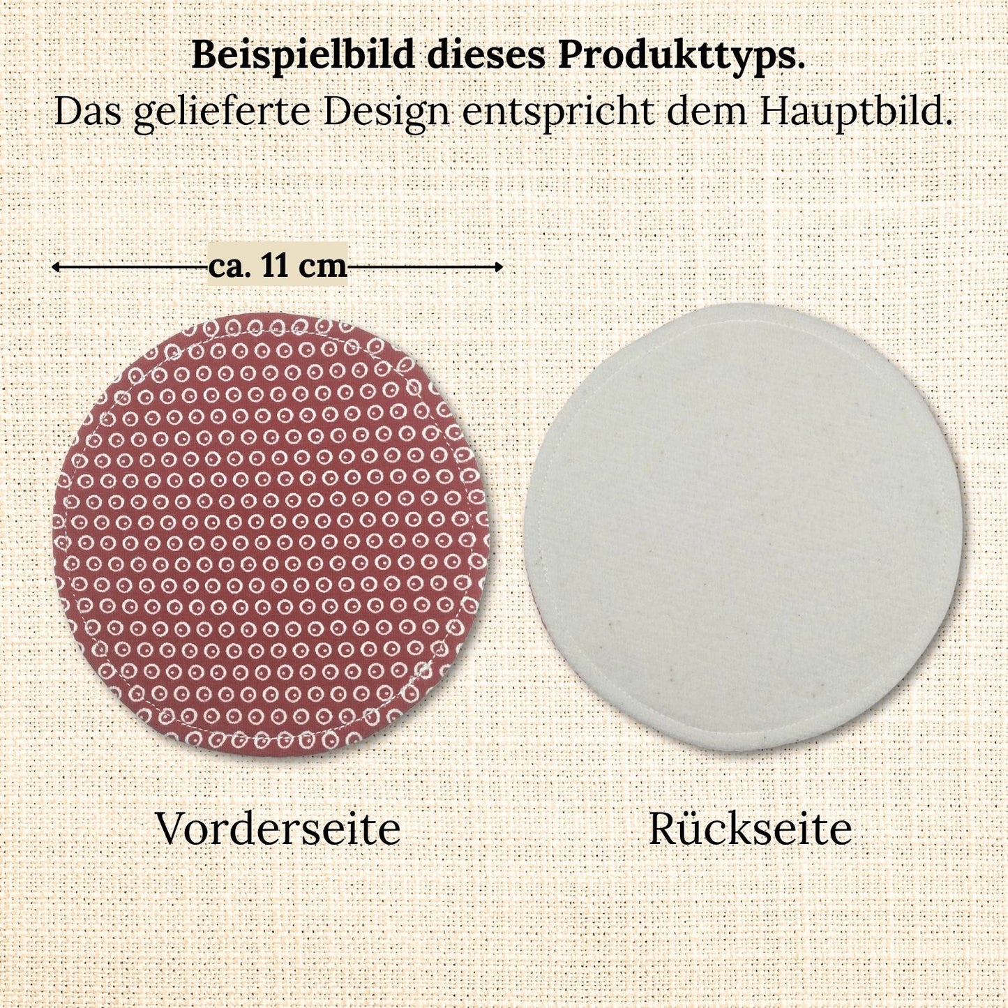 Beispielbild einer runden Stilleinlage mit ca. 11 cm Durchmesser. Vorderseite aus gemustertem Bio-Jersey, Rückseite aus naturfarbenem Bio-Molton.