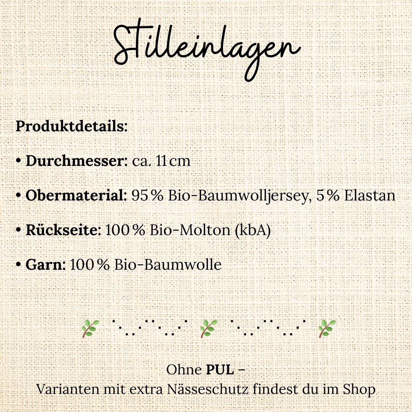 Grafische Übersicht der Produktdetails wiederverwendbarer Stilleinlagen aus Bio-Baumwolljersey und Bio-Molton ohne PUL-Nässeschutz.