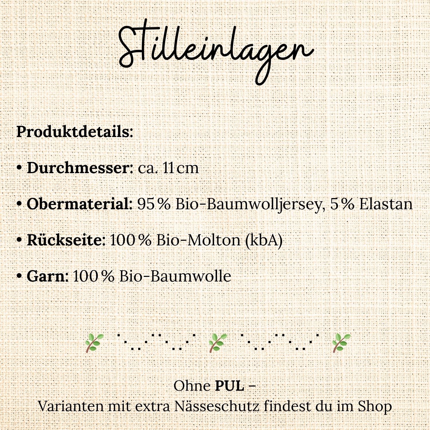 Grafische Übersicht der Produktdetails wiederverwendbarer Stilleinlagen aus Bio-Baumwolljersey und Bio-Molton ohne PUL-Nässeschutz.