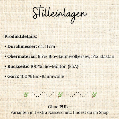 Grafische Übersicht der Produktdetails wiederverwendbarer Stilleinlagen aus Bio-Baumwolljersey und Bio-Molton ohne PUL-Nässeschutz.
